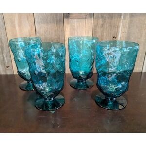 Set of 4 Morgantown Seneca Driftwood Peacock Blue Goblets Footed Crinkle Glass